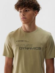 4F T-shirt regular z nadrukiem męski - khaki S. Brązowe koszulki sportowe męskie 4f, m, bez wzorów, z bawełny, bez kołnierzyka, bez ramiączek. Za 29.99 zł.