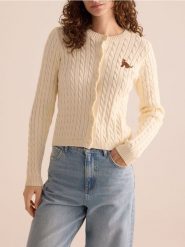 Kardigan z haftem - kremowy. Białe kardigany damskie Reserved, l, bez wzorów, z bawełny. Za 129.99 zł.