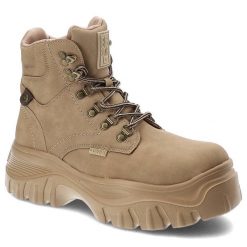 Botki damskie Big Star, ze skóry ekologicznej z wysoką cholewką klasycznym sznurowaniem na metalowych hakach, beżowe, KK274366. Brązowe botki damskie Big Star, na jesień, z materiału, klasyczne, przed kolano, bez obcasa, na płaskiej podeszwie, bez zapięcia. Za 185.00 zł.