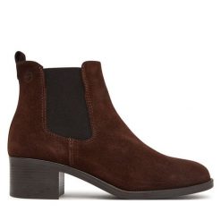 Sztyblety Tamaris. Brązowe botki damskie Tamaris, bez obcasa, na słupku, bez zapięcia. Za 419.99 zł.
