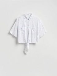 Koszula z wiskozy z wiązaniem - wielobarwny. Koszule damskie Reserved, l, bez wzorów, z tkaniny, bez kołnierzyka, bez ramiączek. Za 89.99 zł.