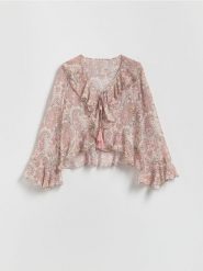 Wzorzysta bluzka - wielobarwny. Bluzki damskie Reserved, l, bez wzorów, z tkaniny, bez kołnierzyka, bez ramiączek. Za 159.99 zł.