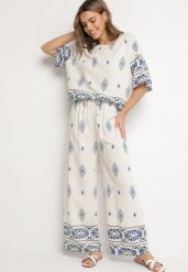 Beżowo-Niebieski Wiskozowy Komplet w Stylu Boho Szerokie Spodnie i Bluzka T-shirt Sarilorae. Niebieskie bluzki damskie Born2be, l, bez wzorów, z wiskozy, boho, bez kołnierzyka, bez ramiączek. Za 84.99 zł.