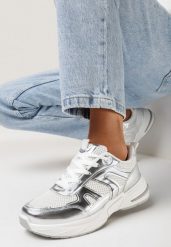 Srebrne Buty Sportowe z Metalicznymi Wstawkami i Siateczką Pareli. Białe obuwie sportowe damskie Born2be, bez wzorów. Za 119.99 zł.