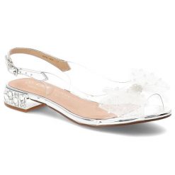 Sandały damskie S.Barski, transparentna cholewka ozdobna kokarda regulowany pasek niski obcas elegancki fason, srebrne, MR61-9001. Szare klapki damskie S.BARSKI, bez wzorów, z koronki, bez obcasa, na obcasie, bez zapięcia. Za 199.00 zł.