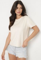 Beżowy Bawełniany T-shirt z Grubszej Bawełny Tiariane. Brązowe bluzki damskie Born2be, m, bez wzorów, z bawełny, biznesowe, bez kołnierzyka. Za 49.99 zł.