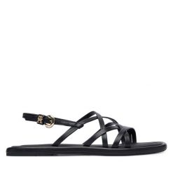 Sandały Tommy Hilfiger. Czarne sandały damskie Tommy Hilfiger, bez wzorów, bez obcasa, na płaskiej podeszwie, bez zapięcia. Za 449.99 zł.