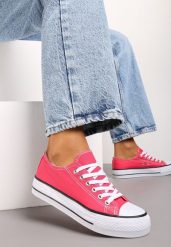 Fuksjowe Trampki Przed Kostkę o Klasycznym Fasonie Wilarosa. Czerwone trampki i tenisówki damskie Born2be, bez wzorów, z jeansu, klasyczne, przed kostkę, bez zapięcia. Za 24.99 zł.