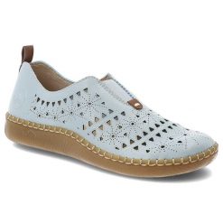 Półbuty damskie Rieker, cholewka ze skóry ekologicznej z ażurowym wzorem wsuwany fason z zabudowanym przodem, niebieskie, N2452-10. Niebieskie półbuty damskie Rieker, na lato, w ażurowe wzory, ze skóry ekologicznej, eleganckie, bez obcasa, na płaskiej podeszwie, bez zapięcia. Za 254.90 zł.