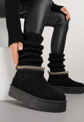 Czarne Śniegowce na Platformie z Haftem przy Cholewce Sewnera. Czarne śniegowce i trapery damskie Renee, z dzianiny. Za 69.99 zł.