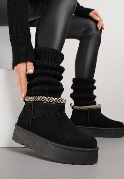 Czarne Śniegowce na Platformie z Haftem przy Cholewce Sewnera. Czarne śniegowce i trapery damskie Renee, z dzianiny. Za 69.99 zł.