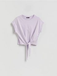 T-shirt z wiązaniem - lawendowy. Fioletowe t-shirty damskie Reserved, l, bez wzorów, z bawełny, bez kołnierzyka. Za 49.99 zł.