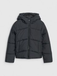 4F Kurtka puchowa z wypełnieniem syntetycznym dziewczęca - czarna 122 (6-7 lat). Czarne kurtki i płaszcze dla dziewczynek 4f, na zimę, bez wzorów, z puchu, bez kaptura. Za 99.99 zł.