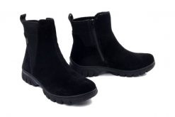 Rieker TEX Z7269-00 black, botki damskie. Czarne botki damskie Rieker, ze skóry, bez obcasa, bez zapięcia. Za 429.90 zł.
