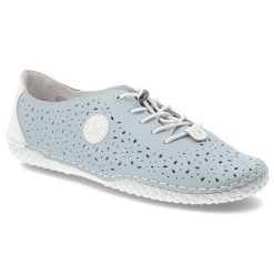 Półbuty damskie Rieker, ażurowa cholewka sznurowane lekka podeszwa wygodny codzienny fason, niebieskie, 43656-12. Niebieskie półbuty damskie Rieker, w ażurowe wzory, z jeansu, eleganckie, bez obcasa, na płaskiej podeszwie, bez zapięcia. Za 319.00 zł.