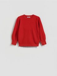 Sweter z bufiastym rękawem - czerwony. Czerwone swetry damskie Reserved, l, bez wzorów, z dzianiny, bez kołnierzyka, bez ramiączek, bez kaptura. Za 99.99 zł.