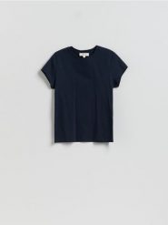 T-shirt z domieszką jedwabiu - granatowy. Niebieskie t-shirty damskie Reserved, l, bez wzorów, z bawełny, bez kołnierzyka. Za 89.99 zł.