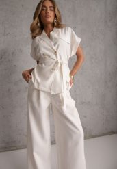 Biały Wiskozowy Komplet z Lnem Spodnie Wide Leg i Bluzka o Kroju Marynarki Daprise. Białe bluzki damskie Renee, l, bez wzorów, z wiskozy, eleganckie. Za 309.99 zł.