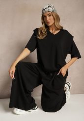 Czarny Komplet z Wiskozą T-shirt z Dekoltem w Serek i Spodnie o Szerokim Kroju Zevline. Czarne spodnie materiałowe damskie Renee, bez wzorów, z wiskozy. Za 129.99 zł.