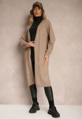 Beżowy Niezapinany Casualowy Kardigan z Wełną o Długim Kroju Zozita. Brązowe kardigany damskie Renee, uniwersalny, bez wzorów, z jeansu, eleganckie, długie. Za 69.99 zł.