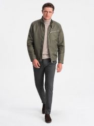Kurtka męska biker - khaki V1 - Rozmiar: XXL. Brązowe kurtki męskie Ombre Clothing, m, bez wzorów, z poliesteru, bez kaptura. W wyprzedaży za 169.99 zł.