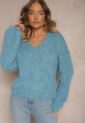 Niebieski Sweter z Dodatkiem Wełny i Szerokimi Rękawami Inathira. Niebieskie swetry damskie Renee, na zimę, bez wzorów, z jeansu, casualowe, bez kołnierzyka, bez ramiączek, bez kaptura. Za 139.99 zł.