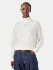 Tommy Jeans Golf Essetnial DW0DW23361 Biały Relaxed Fit. Białe swetry damskie Tommy Jeans, m, bez wzorów, z bawełny, bez kołnierzyka, bez ramiączek, bez kaptura. Za 369.99 zł.