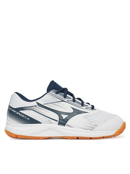 Mizuno Buty halowe Cyclone Speed 5 JR V1GD251157 Biały. Białe buty sportowe chłopięce Mizuno, bez wzorów, ze skóry, bez zapięcia. Za 209.99 zł.