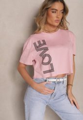 Różowy T-shirt z Bawełny o Krótkim Kroju Ozdobiony Napisem Sannovia. Czerwone bluzki damskie Renee, m, bez wzorów, z bawełny, klasyczne, bez kołnierzyka. Za 39.99 zł.