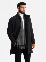 Męski płaszcz z wysokim kołnierzem i asymetrycznym zapięciem – czarny V2 OM-COWC-0120 - XXL. Czarne płaszcze męskie Ombre Clothing, l, z aplikacjami, z materiału, eleganckie, długie, bez kaptura. Za 311.99 zł.