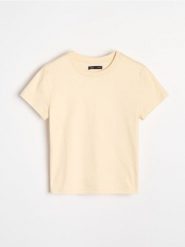Bawełniana koszulka basic - yellow jeans. Żółte t-shirty damskie Sinsay, l, bez wzorów, z bawełny, bez kołnierzyka. Za 19.99 zł.