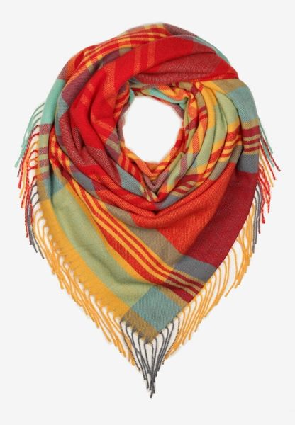 Czerwono-Żółty Szalik z Bawełny i Wiskozy Ozdobiony Klasyczną Kratą i Frędzlami Nerifla. Czerwone szaliki i chusty damskie Born2be, na jesień, bez wzorów, z bawełny, eleganckie. Za 39.99 zł.