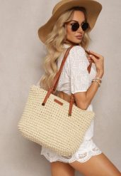 Jasnobeżowa Duża Pleciona Torebka Wykończona Rączkami z Imitacji Skóry Carpinea. Brązowe torebki do ręki damskie Renee, bez wzorów, z materiału, boho, duże, bez dodatków. Za 89.99 zł.