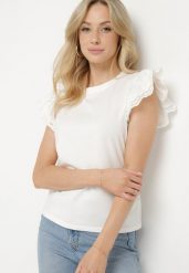 Biały Top z Bawełny Ozdobiony Ażurowymi Rękawami Nalathiel. Białe bluzki damskie Born2be, m, w ażurowe wzory, z bawełny, eleganckie, bez kołnierzyka, bez ramiączek. Za 34.99 zł.