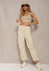 Jasnobeżowe Szerokie Spodnie High Waist w Stylu Bojówek Wykończone Gumką w Talii Ellcara. Brązowe spodnie materiałowe damskie Renee, m, bez wzorów, z jeansu. Za 69.99 zł.
