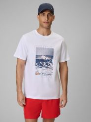 4F T-shirt regular z nadrukiem męski - biały S. Białe t-shirty męskie 4f, m, bez wzorów, z bawełny, klasyczne, bez kołnierzyka. Za 69.99 zł.