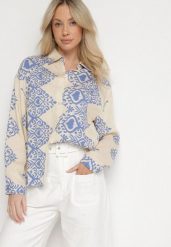 Beżowo-Niebieska Wiskozowa Koszula z Lnem w Ornamentalny Wzór Avellia. Niebieskie bluzki damskie Born2be, na lato, m, bez wzorów, z wiskozy, eleganckie, bez kołnierzyka, bez ramiączek. Za 79.99 zł.