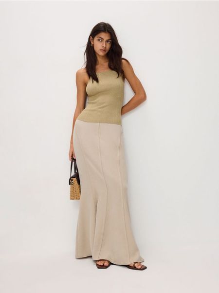 Spódnica maxi z lyocellem - beżowy. Brązowe spódnice damskie Reserved, l, bez wzorów, z lyocellu, maxi. W wyprzedaży za 55.99 zł.
