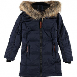 Płaszcz zimowy w kolorze granatowym. Niebieskie kurtki i płaszcze dla dziewczynek Geographical Norway Kids & Women, na zimę, z aplikacjami, prążkowane. W wyprzedaży za 346.95 zł.