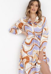 Beżowo-Fioletowa Sukienka Dynaia. Brązowe sukienki damskie Born2be, na imprezę, s, bez wzorów, z materiału, eleganckie, bez kołnierzyka, bez ramiączek, midi, plisowane. Za 29.99 zł.