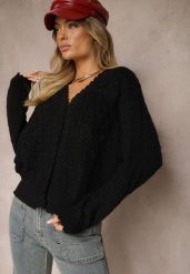 Czarny Kardigan w Stylu Oversize z Guzikami i Ozdobnymi Tłoczeniami Palabia. Czarne kardigany damskie Renee, na zimę, bez wzorów, bez kołnierzyka, bez ramiączek, bez kaptura. Za 159.99 zł.