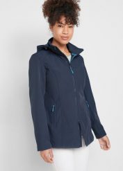 Kurtka softshell ze stretchem, odpychająca wodę. Niebieskie płaszcze damskie bonprix, bez wzorów, z softshellu, z kapturem. Za 249.99 zł.
