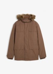 Ocieplana parka z polarową podszewką i odpinanym kapturem. Brązowe parki męskie bonprix, m, bez wzorów, z polaru. Za 399.99 zł.