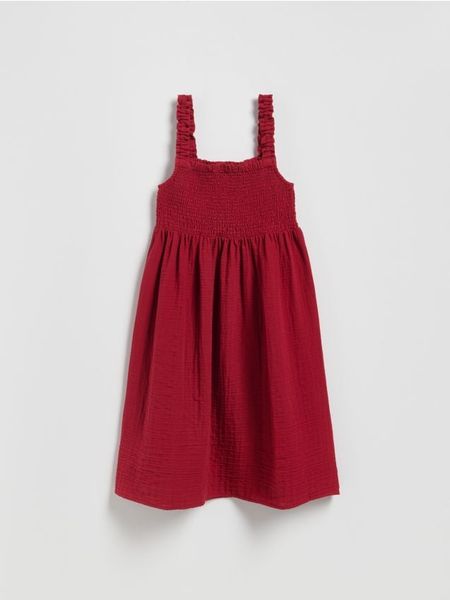 Muślinowa sukienka mini - bordowy. Czerwone sukienki damskie Reserved, l, bez wzorów, z bawełny, bez kołnierzyka, bez ramiączek, mini, rozkloszowane. W wyprzedaży za 79.99 zł.