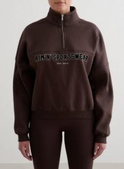 Damska bluza dresowa z półzamkiem, drapana, luźna Varsity czekoladowy brąz. Brązowe bluzy damskie Aim'n, xl, bez wzorów, z bawełny, bez kaptura, na fitness i siłownię. Za 345.00 zł.