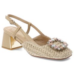 Czółenka damskie Alma En Pena, z zabudowanym przodem wykonane z plecionego materiału osadzone na stabilnym obcasie z regulowanym paskiem wokół kostki. Brązowe czółenka damskie Alma en Pena, z aplikacjami, eleganckie, bez obcasa, na obcasie, bez zapięcia. Za 503.90 zł.