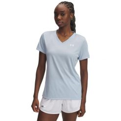 Under Armour Tech V-Neck damska koszulka sportowa. Niebieskie koszulki sportowe damskie Under Armour, l, bez wzorów, z materiału, bez kołnierzyka, bez ramiączek, do biegania. Za 321.99 zł.