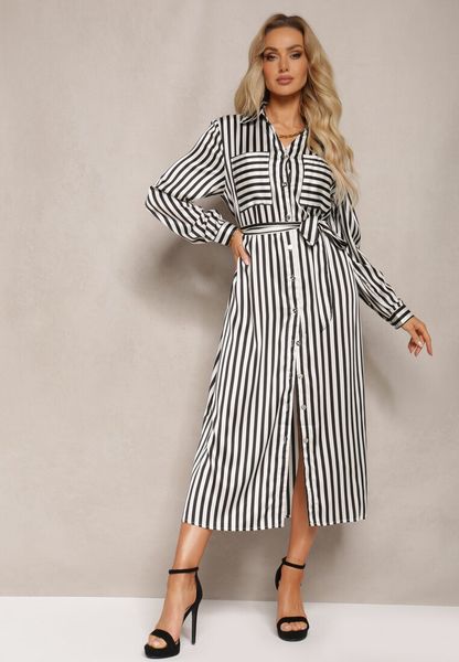 Czarno-Biała Koszulowa Sukienka Długa w Paski z Materiałowym Paskiem Jasilia. Czarne sukienki damskie Renee, na co dzień, m, bez wzorów, z materiału, eleganckie, bez kołnierzyka, bez ramiączek, maxi, koszulowe. Za 119.99 zł.