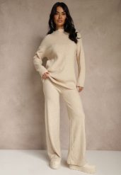 Beżowy Komplet z Wełną i Bawełną Szerokie Spodnie i Sweter o Długim Kroju Reilissa. Brązowe swetry damskie Renee, l, bez wzorów, z bawełny, bez kołnierzyka, bez ramiączek, długie, bez kaptura. Za 139.99 zł.