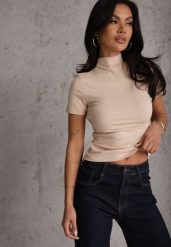 Jasnobeżowy Wiskozowy T-shirt o Dopasowanym Kroju z Golfem Isomina. Brązowe bluzki damskie Renee, m, bez wzorów, z materiału, bez kołnierzyka, bez ramiączek. Za 59.99 zł.